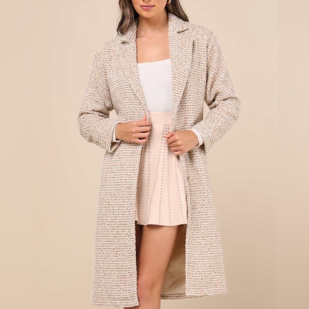 NWT Lulus Seasonal Sophisticate Tan Tweed Belted Two Toned Coat Size M